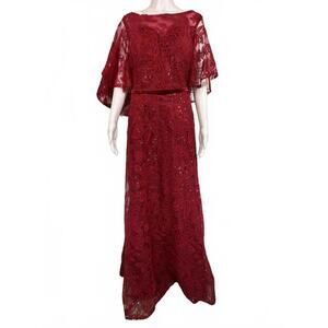 Sz 18 JJs House Red Lace Sequin Formal Gown Flutter Sleeve Evening Dress Cape
